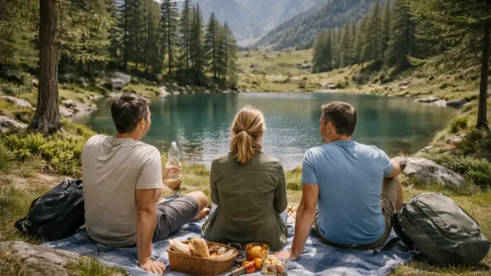 Lago delle Bose у Oropa - альпийское озеро и горный пейзаж Пьемонта Небольшое альпийское озеро в хвойном окружении, легкая тропа и пастбища на фоне, ясный дневной свет, Пьемонт, Италия