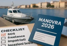 Бюжет Италия 2026: спасение за счёт «виновника», проверки отпусков 104, правила для фрилансеров, льготы экспаты и краткосрочная аренда Патрульный катер у берега, рядом папка «Manovra 2026», чек-лист «SOS, 104, freelance, impatriati, locazioni brevi