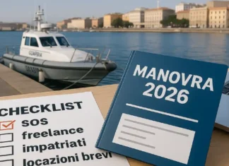 Бюжет Италия 2026: спасение за счёт «виновника», проверки отпусков 104, правила для фрилансеров, льготы экспаты и краткосрочная аренда Патрульный катер у берега, рядом папка «Manovra 2026», чек-лист «SOS, 104, freelance, impatriati, locazioni brevi