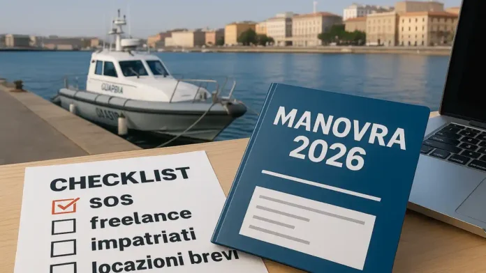 manovra-2026-italiya-spasenie-104-impatriati-arenda-16x9 Патрульный катер у берега, рядом папка «Manovra 2026», чек-лист «SOS, 104, freelance, impatriati, locazioni brevi
