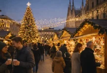 Рождественские ярмарки в Милане и Ломбардии 2025–2026: куда ехать, что посмотреть, ёлка в Милане и маршрут на 1 день рождественская ярмарка в Милане 2025, огни, елка и люди на площади вечерний Милан в сезон Рождества, праздничные огни и высокая елка, ярмарочные домики, люди в зимней одежде, атмосфера праздника