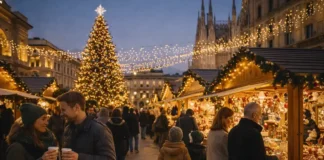 Рождественские ярмарки в Милане и Ломбардии 2025–2026: куда ехать, что посмотреть, ёлка в Милане и маршрут на 1 день рождественская ярмарка в Милане 2025, огни, елка и люди на площади вечерний Милан в сезон Рождества, праздничные огни и высокая елка, ярмарочные домики, люди в зимней одежде, атмосфера праздника