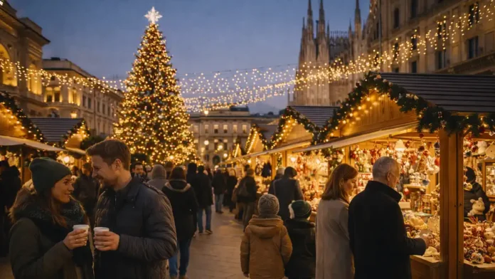 mercatini-natale-milan рождественская ярмарка в Милане 2025, огни, елка и люди на площади вечерний Милан в сезон Рождества, праздничные огни и высокая елка, ярмарочные домики, люди в зимней одежде, атмосфера праздника
