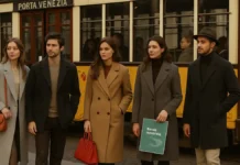 Милан признан NYT «возможно, лучшим одетым городом мира»: почему столица ломбардского стиля задаёт тон Стрит-стайл Милана пальто с широкими лацканами, остроносая обувь, нейтральные тона Улица Porta Venezia в Милане, прохожие в осенних слоях и двубортных пальто, городской трамвай на фоне.