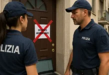 🏠 Окупасы в Италии: новый закон против «ladri di case» и реальные истории Окупасы в Италии: новый закон 634-bis и реальные наказания Жилой дом в Италии с опечатанной дверью и полицейскими, символизирующими борьбу с окупасами и новый закон 634-bis Codice Penale