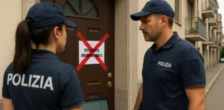 🏠 Окупасы в Италии: новый закон против «ladri di case» и реальные истории Окупасы в Италии: новый закон 634-bis и реальные наказания Жилой дом в Италии с опечатанной дверью и полицейскими, символизирующими борьбу с окупасами и новый закон 634-bis Codice Penale