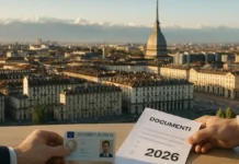 Пакт о миграции в ЕС: 2026 — год внедрения. Что это значит для русскоязычных в Италии Пакт о миграции в ЕС внедрение в 2026. Италия, Турин Светлое редакционное фото: вид на Турин и контур карты ЕС, намёк на пограничный контроль и документы.