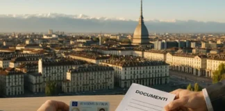 Пакт о миграции в ЕС: 2026 — год внедрения. Что это значит для русскоязычных в Италии Пакт о миграции в ЕС внедрение в 2026. Италия, Турин Светлое редакционное фото: вид на Турин и контур карты ЕС, намёк на пограничный контроль и документы.