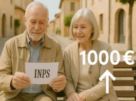 Пенсия 1 000 евро в Италии кто получает и какие условия Итальянский пенсионер смотрит на выписку INPS, инфографика роста стажа и суммы до 1 000 евро, отметка «Bolzano» как пример региональной доплаты