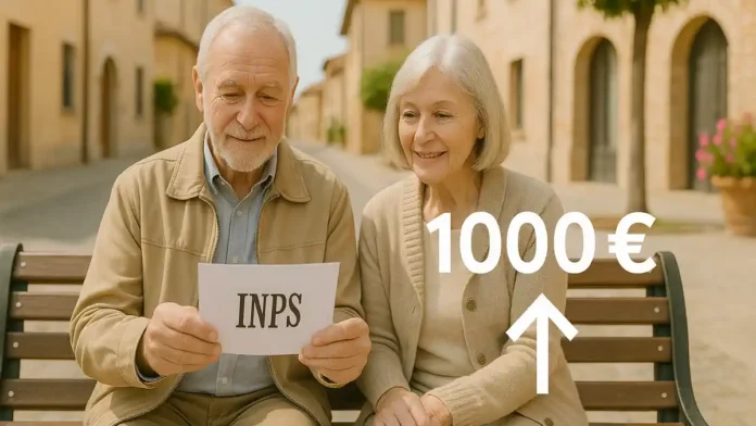 pensioni-italia-1000-euro_2025 Пенсия 1 000 евро в Италии кто получает и какие условия Итальянский пенсионер смотрит на выписку INPS, инфографика роста стажа и суммы до 1 000 евро, отметка «Bolzano» как пример региональной доплаты