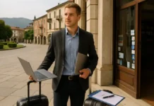 Переезжай и получи 6 000 €: Ломбардия платит бонус молодым специалистам, готовым жить и работать в провинции Варезе Италия платит до 6 000 € за переезд и работу как получить бонус Светлая уличная сцена Варезе с молодым специалистом, чемоданом и видом на озёра Ломбардии, акцент на новом контракте и переезде.