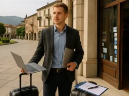 Италия платит до 6 000 € за переезд и работу как получить бонус Светлая уличная сцена Варезе с молодым специалистом, чемоданом и видом на озёра Ломбардии, акцент на новом контракте и переезде.