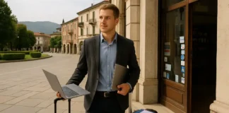 Переезжай и получи 6 000 €: Ломбардия платит бонус молодым специалистам, готовым жить и работать в провинции Варезе Италия платит до 6 000 € за переезд и работу как получить бонус Светлая уличная сцена Варезе с молодым специалистом, чемоданом и видом на озёра Ломбардии, акцент на новом контракте и переезде.