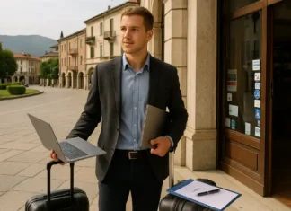 Переезжай и получи 6 000 €: Ломбардия платит бонус молодым специалистам, готовым жить и работать в провинции Варезе Италия платит до 6 000 € за переезд и работу как получить бонус Светлая уличная сцена Варезе с молодым специалистом, чемоданом и видом на озёра Ломбардии, акцент на новом контракте и переезде.