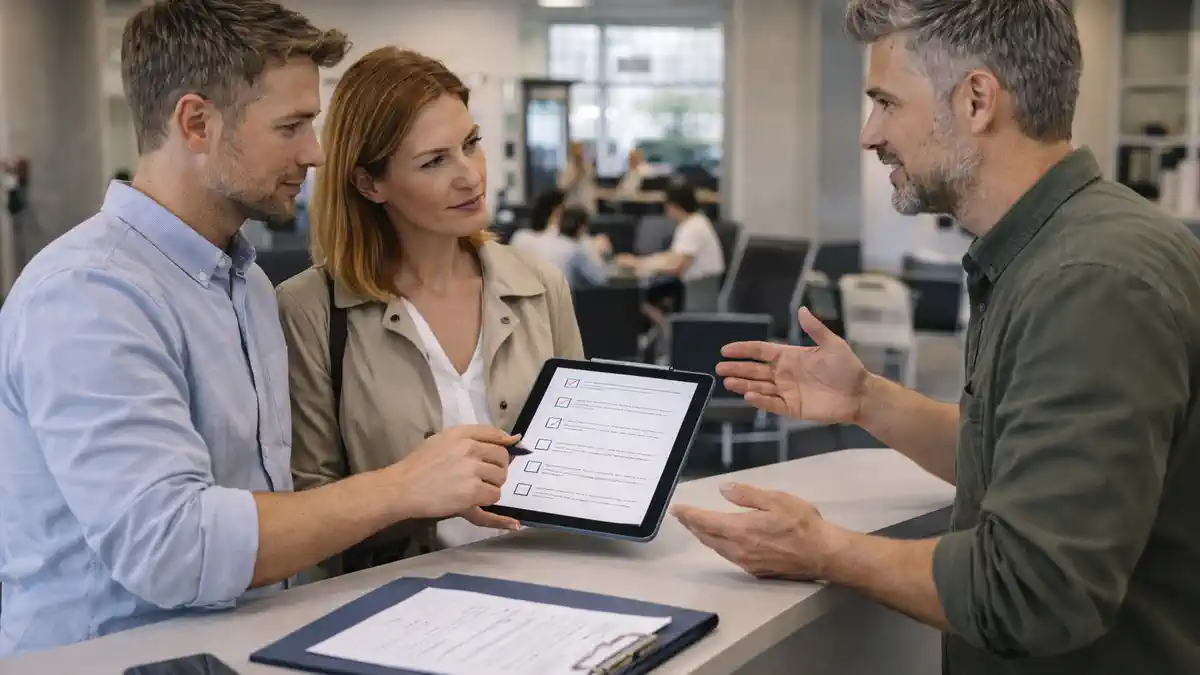 Военная служба в Италии 2026 - призыв и мобилизация простыми словами Нейтральная сцена в Италии: взрослые люди читают официальную информацию на планшете в городском офисе, спокойная деловая атмосфера