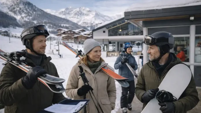 Бардонеккья - горнолыжный курорт рядом с Турином: поездка на выходные Зимняя атмосфера Бардонеккьи в Пьемонте: туристы в нейтральной одежде идут к подъемнику, на заднем плане заснеженные Альпы