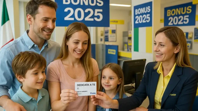 bonus-2025-italia Бонусы и социальные льготы 2025 в Италии Итальянская семья получает карту «Dedicata a te» и консультируется в почтовом отделении о других бонусах