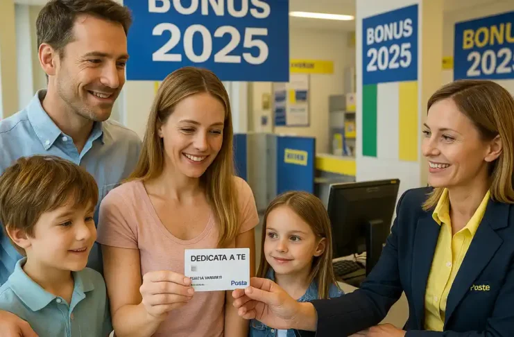 Бонусы и социальные льготы 2025 в Италии Итальянская семья получает карту «Dedicata a te» и консультируется в почтовом отделении о других бонусах