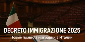 Иммиграционные правила Италии 2025: что меняется и как это влияет (простыми словами) Decreto Immigrazione 2025 в Италии Итальянский парламент и миграционные документы на столе, официальный стиль, дневной свет.