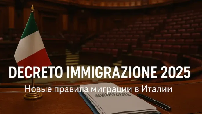 Decreto Immigrazione 2025 в Италии Итальянский парламент и миграционные документы на столе, официальный стиль, дневной свет.