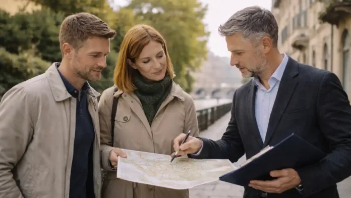 Элитные районы Турина: центр, Крокетта и холмы у реки По Турин днём. Премиальный городской кадр, который визуально передаёт статус локаций: аккуратные фасады, спокойная атмосфера, намёк на «адрес»