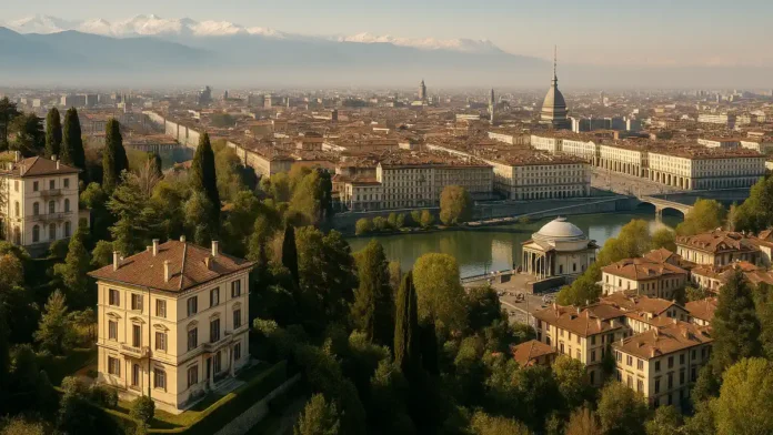 Элитные районы Турина — центр и холмы с видом на По Вид с холмов Турина на реку По и Gran Madre, премиальные дома, мягкий дневной свет.