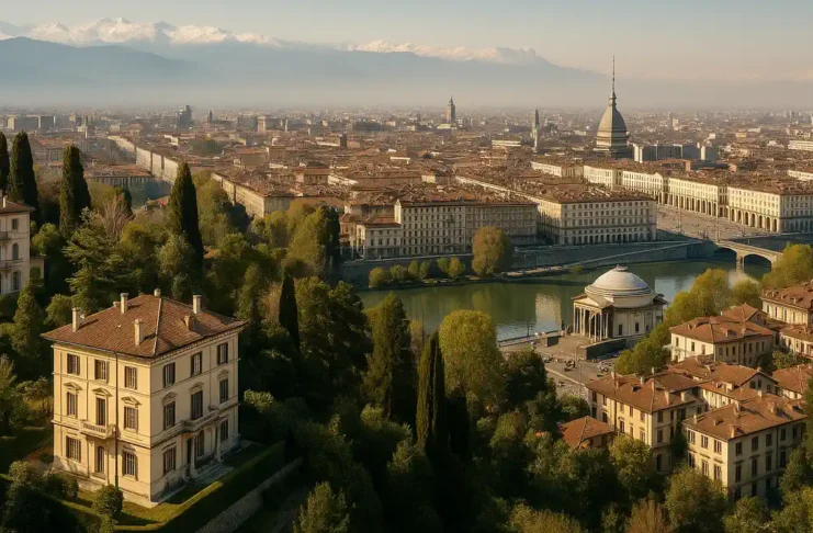 Элитные районы Турина — центр и холмы с видом на По Вид с холмов Турина на реку По и Gran Madre, премиальные дома, мягкий дневной свет.