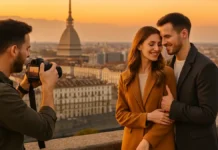 Фотограф в Италии Турине и Пьемонте под ключ: от портрета до свадьбы Русскоговорящий фотограф в Италии Турине и Пьемонте с камерой и парой на фоне города фотограф и пара на фоне панорамы Турина, теплый вечерний свет, городской пейзаж и атмосфера романтической фотосессии.