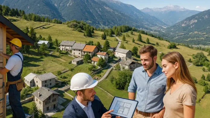 Горная flat tax и вымирающие деревни Пьемонта - налоговая реформа для жителей гор ИталииОписание: Небольшая горная деревня Пьемонта с каменными домами и заснеженными вершинами на горизонте, внизу видна дорога и несколько жилых домов с вечерним тёплым светом в окнах