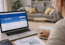 Bonus INPS 250 euro 2025: что это на самом деле и как не попасться на фейк Выплаты INPS в Италии и проверка пособий по ISEE проверки выплат INPS в Италии: ноутбук с открытым личным кабинетом рядом документы и калькулятор, спокойная домашняя атмосфера