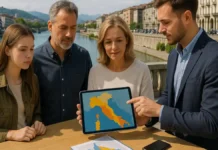 Наводнения в Италии: почему заливает города и как русскоязычным жить спокойно Наводнения в Италии – вид на итальянский город у реки с анализом рисков для жителей Фотореалистичный вид на итальянский город вдоль реки с набережной и домами, вода в русле спокойная, на переднем плане семья и консультант обсуждают карту риска на планшете, атмосфера деловая и спокойная.