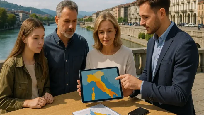Наводнения в Италии – вид на итальянский город у реки с анализом рисков для жителей Фотореалистичный вид на итальянский город вдоль реки с набережной и домами, вода в русле спокойная, на переднем плане семья и консультант обсуждают карту риска на планшете, атмосфера деловая и спокойная.
