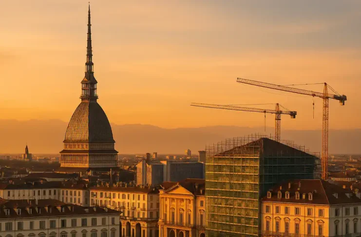 Новые люкс-отели в Турине карта проектов и сроки 2025–2028 Панорама центра Турина с силуэтом Mole Antonelliana и строительными кранами визуальный образ обновления гостиничного рынка