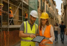 Обрушения в Италии: почему падают здания и как русскоязычным понять реальные риски Обрушения в Италии – техники и инженеры осматривают фасад старого дома изображение итальянской улицы со старым домом, под фасадом установлены строительные леса, инженеры и рабочие в касках обсуждают план укрепления, прохожие идут по безопасному коридору, атмосфера рабочая и спокойная