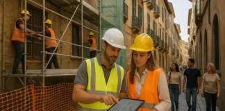 Обрушения в Италии: почему падают здания и как русскоязычным понять реальные риски Обрушения в Италии – техники и инженеры осматривают фасад старого дома изображение итальянской улицы со старым домом, под фасадом установлены строительные леса, инженеры и рабочие в касках обсуждают план укрепления, прохожие идут по безопасному коридору, атмосфера рабочая и спокойная