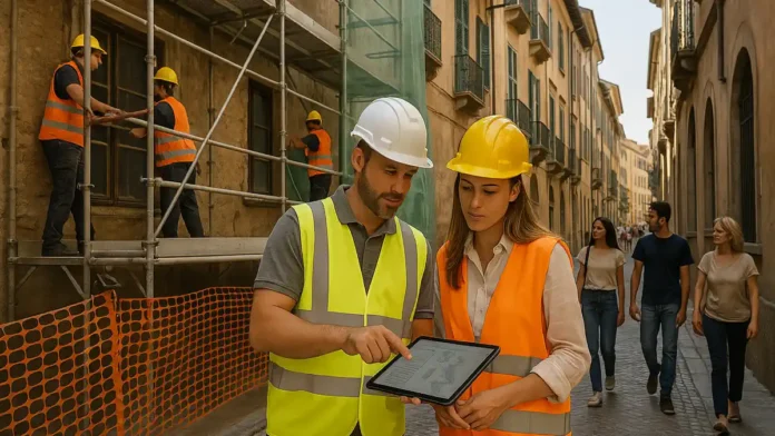 Обрушения в Италии – техники и инженеры осматривают фасад старого дома изображение итальянской улицы со старым домом, под фасадом установлены строительные леса, инженеры и рабочие в касках обсуждают план укрепления, прохожие идут по безопасному коридору, атмосфера рабочая и спокойная