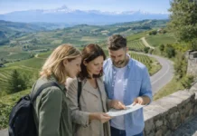 Пьемонт: путеводитель по региону Италии для жизни, отдыха и инвестиций Пьемонт Италия: винные холмы, Альпы и озера - путеводитель Панорамный кадр Пьемонта для хаба: холмы с виноградниками, на горизонте Альпы, мягкий дневной свет, ощущение путешествия.