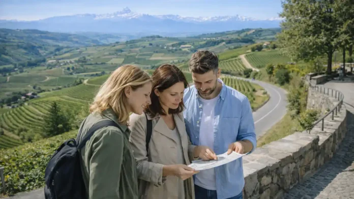 Пьемонт Италия: винные холмы, Альпы и озера - путеводитель Панорамный кадр Пьемонта для хаба: холмы с виноградниками, на горизонте Альпы, мягкий дневной свет, ощущение путешествия.