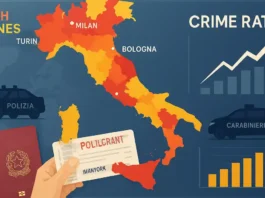 Статистика преступности и полиции в Италии в 2025 году Графики преступности, участки полиции и силуэты городов Италии на фоне аналитической инфографики