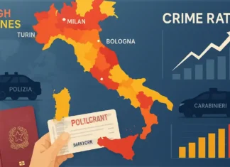 Преступность и безопасность в Италии: что правда, а что политическая риторика Статистика преступности и полиции в Италии в 2025 году Графики преступности, участки полиции и силуэты городов Италии на фоне аналитической инфографики
