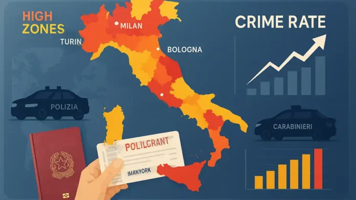 prestuplennost-italiya-analitika-202 Статистика преступности и полиции в Италии в 2025 году Графики преступности, участки полиции и силуэты городов Италии на фоне аналитической инфографики