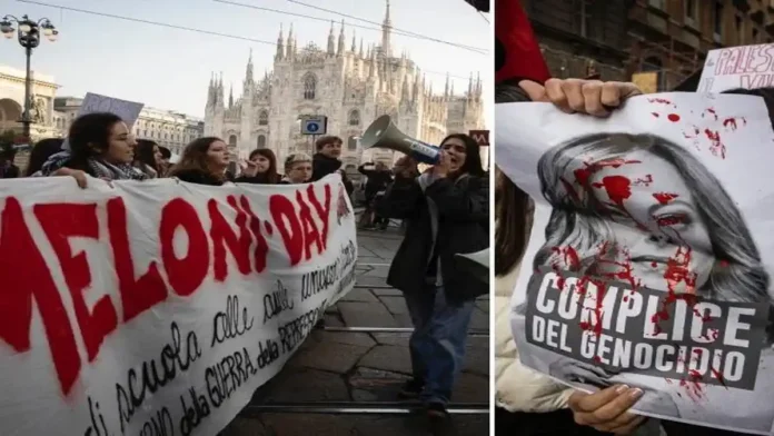 protesty-news-italia-2025 Протесты в Италии и возможные задержки в документах мигрантов Толпа протестующих на улице в Турине или Риме, полицейские кордоны и городской фон — акцент на влиянии уличной нестабильности на процедуры мигрантов.