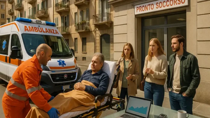 Скорая помощь в Италии – задержки приезда амбулансов по отчёту Agenas Итальянская скорая помощь на улице города – фургон с проблесковым маяком у входа в больницу, люди в форме скорой помощи готовят носилки для пациента