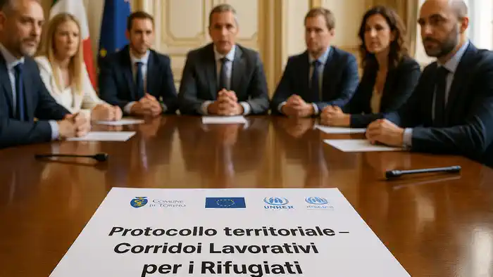 зал Палаццо Чивико в Турине, длинный стол с представителями города, региона, UNHCR и промышленников, на переднем плане документ «Protocollo territoriale – Corridoi Lavorativi per i Rifugiati», флаги Италии и ЕС, светлая деловая атмосфера
