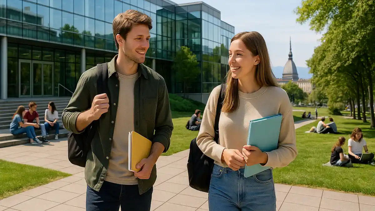 Учеба в Италии - студенты идут по университетскому кампусу в Турине для русскоязычных: школы, университеты, языковые курсы, стипендии и реальные расходы на жизнь. Практичный хаб с материалами об учебе и адаптации