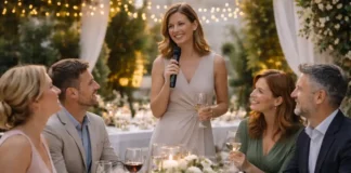 Свадьба в Италии: как выбрать ведущего без стресса Ведущая на свадьбу в Италии: современный праздник и программа для гостей кадр свадьбы в Италии без пошлости: элегантный вечер, ведущая общается с гостями, атмосфера праздника