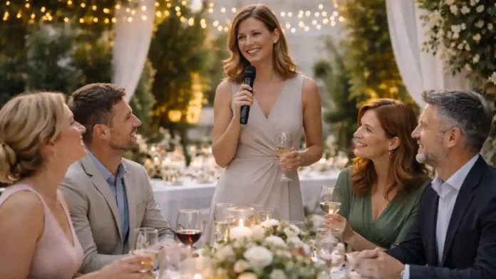 Ведущая на свадьбу в Италии: современный праздник и программа для гостей кадр свадьбы в Италии без пошлости: элегантный вечер, ведущая общается с гостями, атмосфера праздника