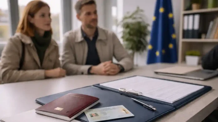 vid-na-zhitelstvo-volontariat-chuzhie-sredstva Вид на жительство в Италии и документы для ВНЖ по волонтариату ВНЖ в Италии: паспорт, карточка вида на жительство, папка с бумагами на столе, на фоне флаг ЕС