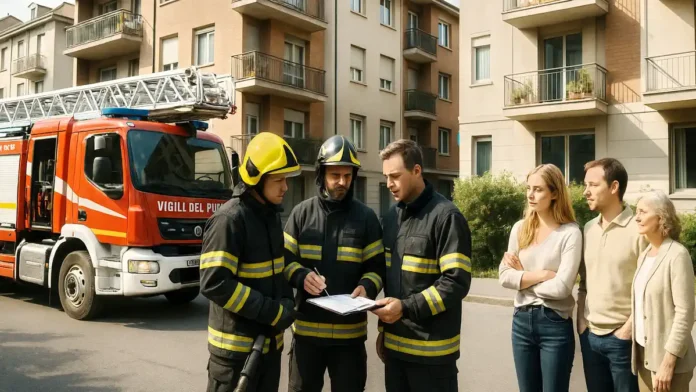 vzryv-v-italii-analitika-2025 Взрыв в Италии – пожарные и жильцы возле жилого дома после происшествия изображение итальянского жилого квартала после ЧП, пожарные и техника работают возле дома, жильцы стоят на безопасном расстоянии, нет жести, только рабочая сцена ликвидации последствий.