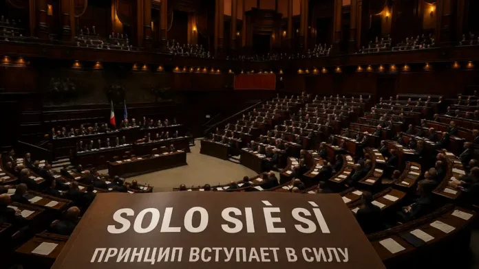 Закон Solo sì è sì в Италии Зал парламента Италии, голосование за новую норму о согласии